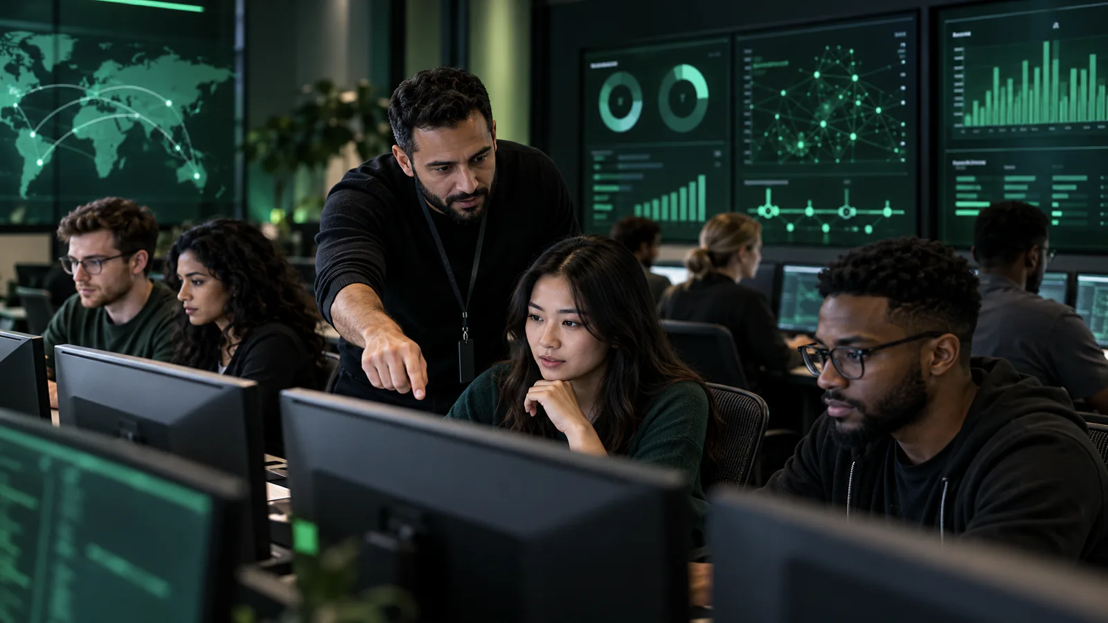 Illustrative cybersecurity trainer guiding learners through practical investigations in a training lab